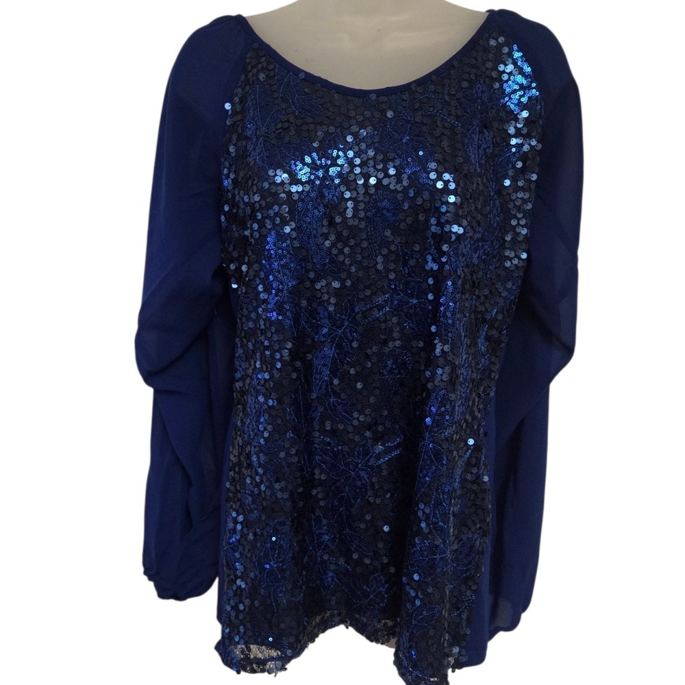 American Glamour Badgley Mischka Blue Sequin Back Blouse Medium Sheer Sleeve